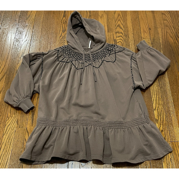 Free People Marty Smocked Sweatshirt Hooded Tunic Mini Dress Brown Bear Size Sm - Picture 5 of 12